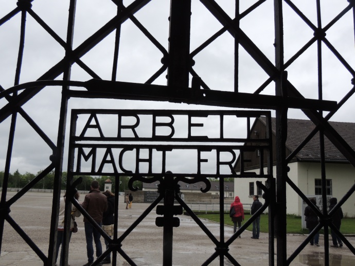 The words "arbeit macht frei", which means in German "work makes free", provide an eery and ironic message at the entrance to the Dachau concentration camp. The saying was included in the entrance gates at all of the Nazi concentration camps in Europe.