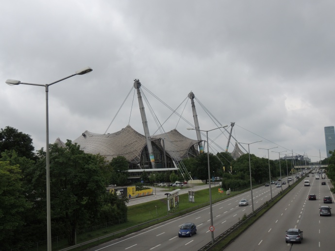 A view of the main stadium from across the pedestrian bridge