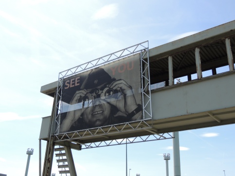 The original checkpoint overpass for ariel surveillance - the "See You" poster was added after Germany's reunification but is still a little daunting. 