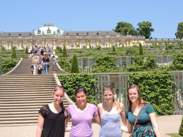 Sarah, Danielle, Rachel and me in front of Schloss Sanssouci  - it was absolutely impossible to keep our eyes open in the blazing sun!