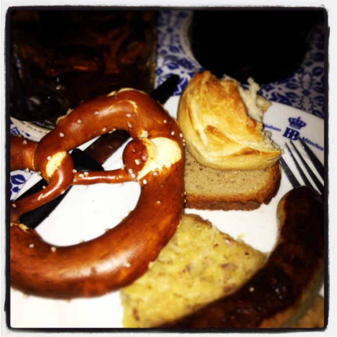 It doesn't get much better than german beer, bratwurst, sauerkraut and pretzels!